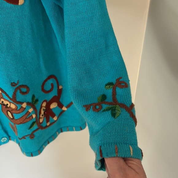 Quacker Factory embroidered turquoise monkey cardigan - size Large - Picture 4 of 10